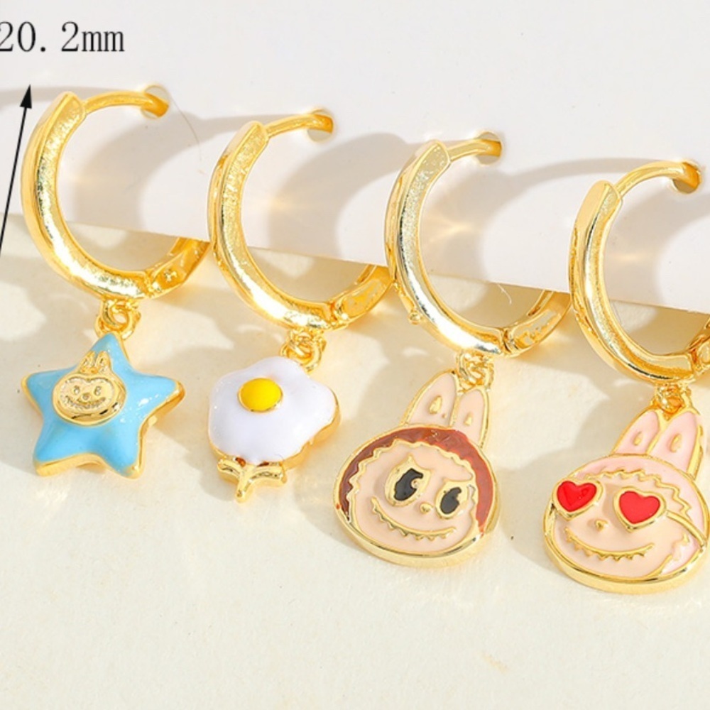 Labubu 14K Gold Plated Pop Mart Inspired Theme Earrings Huggie Hoop Dangle Set - Picture 3 of 5